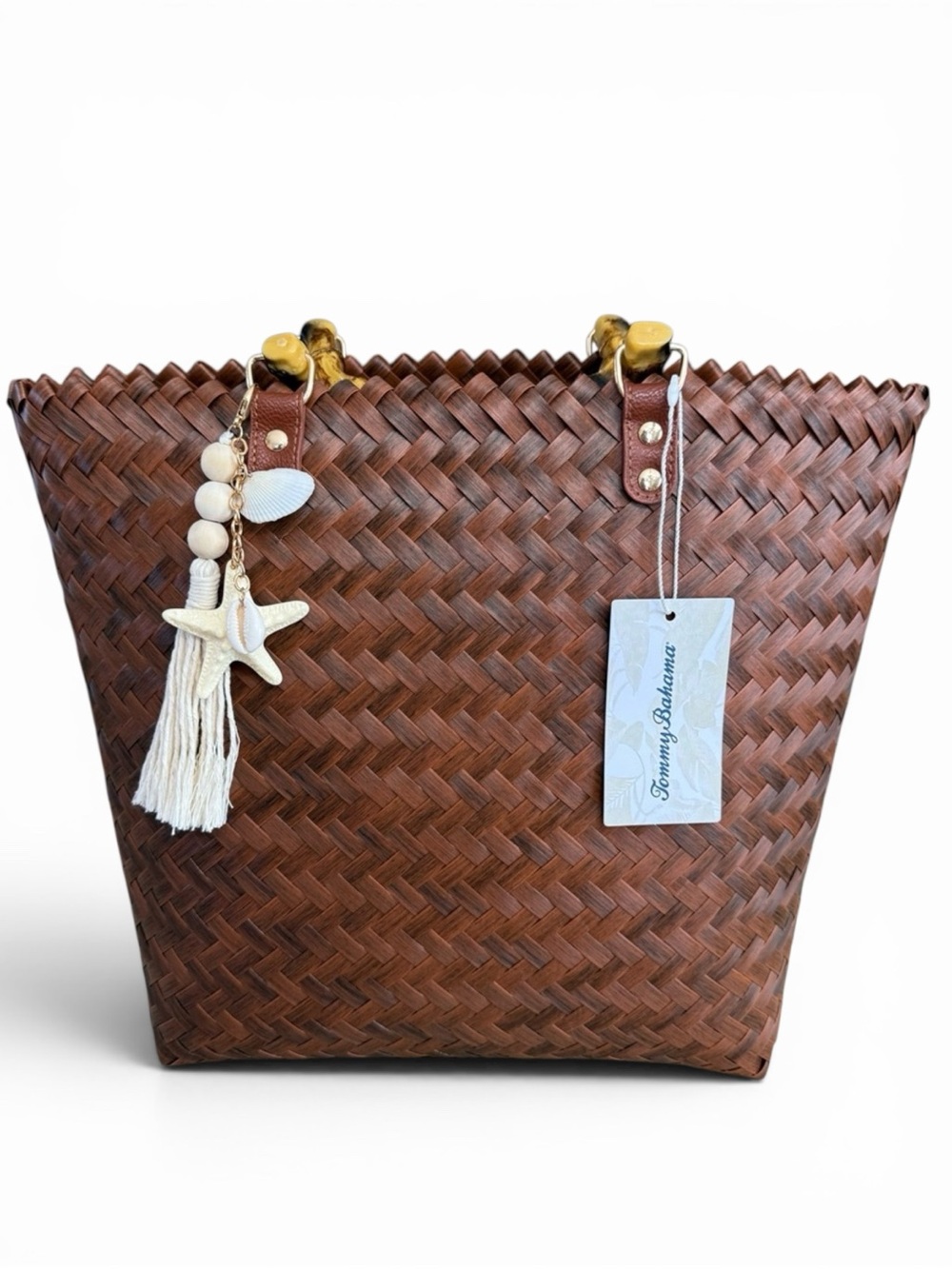 NWT Tommy Bahama Hand Woven Brown Beach Tote Bamboo Handles Starfish Tassel - Picture 3 of 14